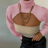 Autumn Women Female Solid Color High Collar Long Sleeve Mini Sweater Knitwear Pullover