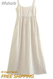 2023 Women Summer MIDI Strap Dress Fashion Solid Linen Sleeveless Thin Female Elegant Street Dresses Clothing-Outfit