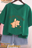 100% Cotton L-5XL Plus Size T Shirt Bunny Print V Neck Tshirt Short Sleeve Women Top Basic Summer Couple Solid T Shirts-Outfit