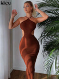 Kliou Ribbed Lace up Maxi Dress Women Sexy Solid Sleeveless Backless Body-Shaping Cut Out Skirt Party Clubwear Female
