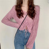 Woherb Out Thin Jacket Summer 2024 New Draw Rope V Collar Short Money Wearing Sunscreen Shirt Sweet Spicy Short Sleeve Knit Women-Outfit