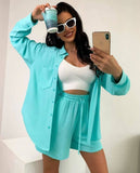 Women's Solid Color Single Row Buckle Long-Sleeved Shirt Loose Fashion Casual Shorts