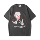 Street Portrait Print Short Sleeve T-shirt Men and Women Oversize Crew Neck Casual Summer Tees Loose Hip Hop Cotton T