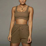 Solid Sportswear Two Piece Sets Women 2021 Crop Top And Drawstring Shorts Matching Set Summer Athleisure