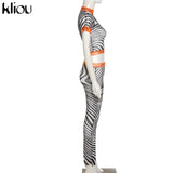 Kliou Sexy Mesh Two Piece Set Women SeeThrough Midnight Style Striped Color Blocking Top+Letter Print High Stretchy