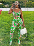 Kliou Aesthetic Panelled Print Jumpsuit For Women Hot Casual Silky Spaghetti Strap Skinny Bodysuit Streetwear Female