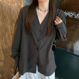 Elegant White V Neck Blouse for Women 2024 Spring Summer Long Sleeve Loose Shirt Woman Oversized Single-Breasted Shirts-Outfit