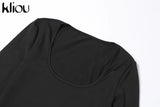 Kliou Solid Concise Two Piece Set Women Skinny Bodycon-shaping Crew Neck Bodysuit+High Waist Slim Sporty Leggings