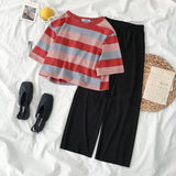 Women Sets Colorful Striped T-shirt Simple Elastic-waist Wild-leg Loose Long Trousers Student Korean Style Casual Comfortable-Outfit