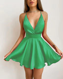 Women Elegant Spaghetti Strap V-Neck Cocktail mini Party Dress Solid Ruched Plunge Pep Hem Skater