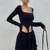 Punk Streetwear Women White Square Collar Irregular Crop Tops Sexy Tight Designer Clothes Bodycon Long Sleeve Tee