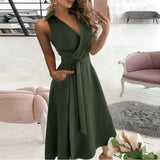 Summer Vintage Dress Women Deep V Neck Sleeveless Solid Boho Beach Holiday Dresses For Women Pocket Sexy Dress Plus