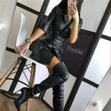 Spring Autumn Women's Sexy V-neck PU Leather Club Mini Dress Streetwear K-POP Style Half Sleeve Vestido With