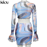 Kliou Bow Lace Print Sheath Sexy Women Two Piece Sets 2021 Flare Sleeve V-Neck Hot Female Mesh Ruched Clubwear
