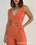 Pocket Detail Cami Jumpsuit With Belt Women Overall Pants Spring Summer Sleeveless Solid Color Jumpsuits-Outfit