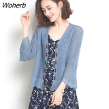 Out V-Neck Ninth Flare Sleeve Summer Knitted Sunscreen Cardigan Women Thin Small Coat Open Stitch Elegant Knitwear Tops-Outfit