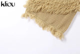 Kliou Bohemian Style Dress Women Autumn Plaid Tassel Skirt Sexy See Through Inclined Shoulder Robe Party Knitted