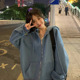 Women Korean Version Loose Hoodies Long Sleeve Zip Up Solid Pocket Oversized Sweatshirts Female Thin Harajuku Hooded Coat