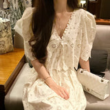 Woherb Chic Niche Temperament V Neck Hollow Lace Embroidered Jacket Women High Waist Pressure Pleated Skirt Two Sets Of Women-Outfit