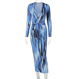 Long Sleeve Print V-Neck Bandage Sexy Long Dress 2021 Autumn Winter Women Christmas Party Elegant Outfits