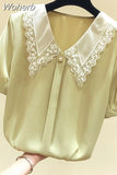 Women Casual Solid Loose Short Sleeve Chic Chiffon Shirt 2023 Summer Fashion Clothes Lace Patchwork All-match Sweet Blouses Tops 1028-0-Outfit