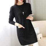 Sping Winter Women Black Sweaters Casual Solid O-Neck Long Sleeve Knit Sweaters Loose Pockets Mid Length Pullover Female