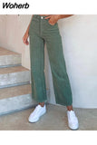 Cotton casual corduroy women long pants autumn winter Office button wide-legged trousers Fashion mid waist ladies bottom 601-0-Outfit