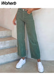 Cotton casual corduroy women long pants autumn winter Office button wide-legged trousers Fashion mid waist ladies bottom 729-0-Outfit