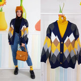 2021 Women's Sweaters Winter Spring Plaid V-Neck Cardigans Button Puff Sleeve Checkered Oversize Sweater Tops