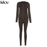 Kliou autumn new women hooded zipper pocket long sleeve tops sporty leggings matching set workout bodycon casual stretchy