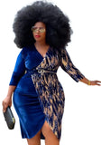 Romantic V-neck Three Quarter Sleeves Patchwork Sequined Midi Asymmetrical Plus Size Party
