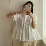 Woherb Chic Summer Careful Machine Back Hollow Tie Doll Shirt Female Loose Solid Color Bubble Sleeves Shirt Jacket-Outfit