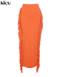 Kliou Side Tassel Women Skirt Elegant Unique Robe Straight Skinny Hight Waist Stretchy Hot Streetwear Style Female