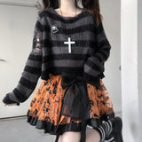 Pink Striped Gothic Sweaters Women Ripped Holes Loose Knitted Pullover Frayed Fairy Grunge Jumpers Emo Streetwear