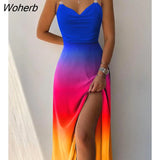 Women Ombre Chain Linked Cowl Neck Split Thigh Slip Dress Elegant Femme Tie Dye Spaghetti Strap Maxi Evening Party Dress-Outfit