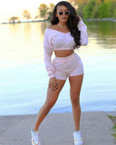 Solid Off Shoulder Long Sleeve Top And Shorts Two-Piece