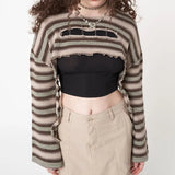 Vintage Stripe Knitting Crop Top Grunge Aesthetic 90 00s T-Shirts Hollow Out Y2k Pullovers Long Sleeve Top Streetwear-Outfit
