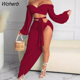 Pieces Sets Sexy & Club Women Off Shoulder Top & Slit Bodycon Skirts-Outfit