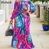 Women Two Piece Dress Suits Long Sleeve Printed Off Shoulder Top & High Waist Bodycon Skirt Set-Outfit