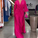 Woherb Summer New Fashion Sexy V-Neck Pleated Solid Color Loose Dress-Outfit