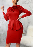 Formal Bow Long Sleeve Solid Knee-Length Office