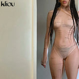 Kliou Sexy Mesh Jumpsuit Women Geometric Letter Print See Through Sheath Slim Overall Long Sleeve Turtleneck Party