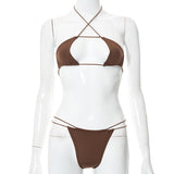 Solid Halter Bandage Hollow Out Sexy Bra Swimsuit 2 Pieces Set 2022 Summer Holiday Beach Revealing Outfits