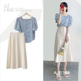 New Casual Preppy Style Women Sets Floral Blouse And Solid Color Skirt Female