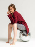 Spring And Autumn New Long-Sleeved T-Shirt Women's Pure Cotton Loose Open Knitted T-Shirt Wine