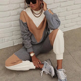 Women Stripe Fleece Two Piece Set 2021 Patchwork Loose Suit Pullover O-neck Sweatshirt And Elastic Waist Pants