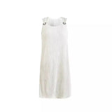 Woherb Spring And Summer Temperament Commuting Simple Pure Color Metal Button V-Neck Sleeveless Dress-Outfit