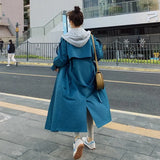 New Fashion Blue Color Women Trench Coat Double-Breasted with Removable Hood Spring Autumn Outerwear Lady Duster