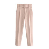 Lady Black Suit Pants with Belt Women High Waist Solid Long Trousers Fashion Pockets Pants Trousers