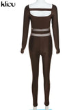 Kliou Sheath Concise Jumpsuit Women Herfst Unique Truncated Mesh See Through One Pieces Slim Simple Casual Female